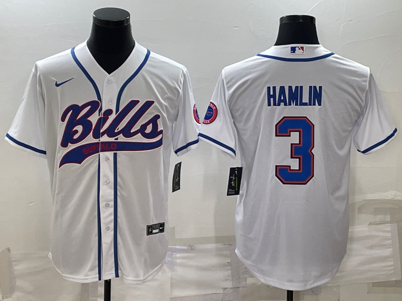 Mens Buffalo Bills #3 Damar Hamlin White With Patch Cool Base Stitched Baseball Jersey->buffalo bills->NFL Jersey